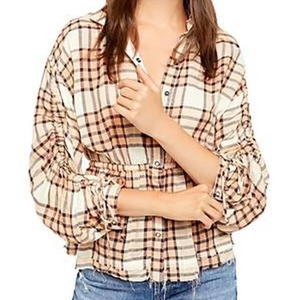 Free People Pacific Dawn Plaid Shirt - Cinched Waist Button Down L - NWOT